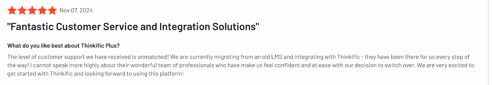 A 5 stars review of Thinkific's customer service